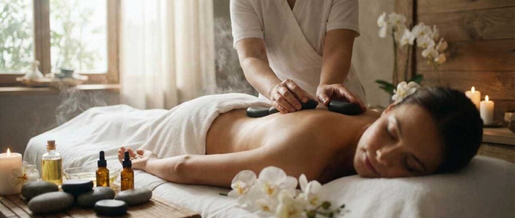 Una persona recibe un masaje con piedras calientes en un tranquilo centro de belleza en Palma de Mallorca, rodeada de velas, flores y aceites esenciales en una mesa cercana.