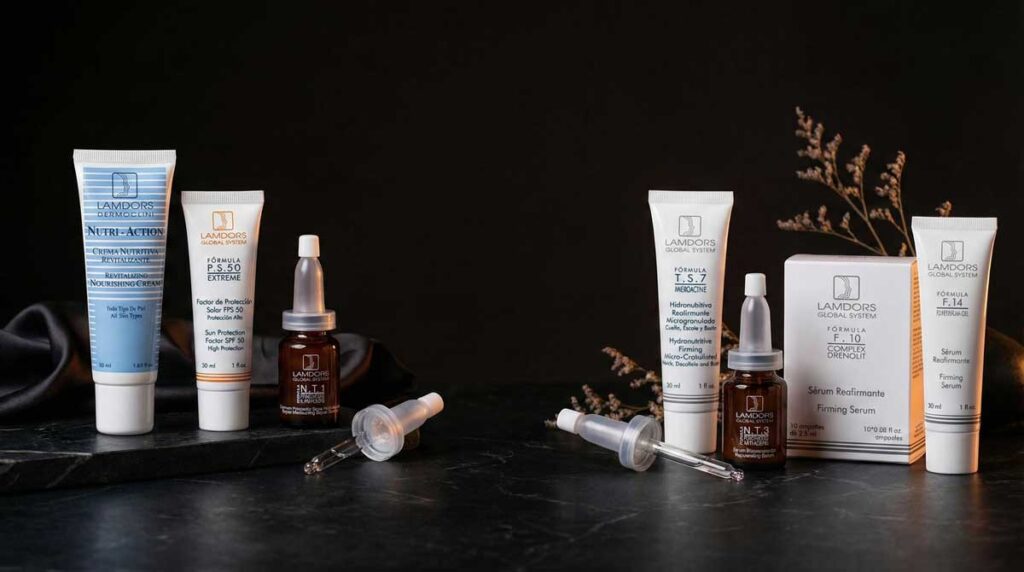 Varios productos para el cuidado de la piel, como tubos, botellas con cuentagotas y una caja, se exponen sobre una superficie oscura con follaje seco de fondo.